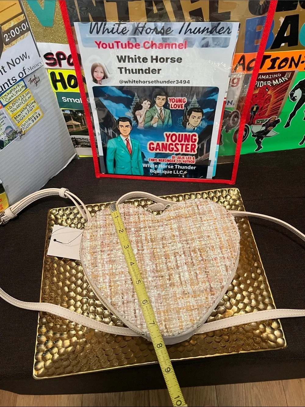 #2571**”7x9” Heart-Shaped Tweed Crossbody Bag in Beige